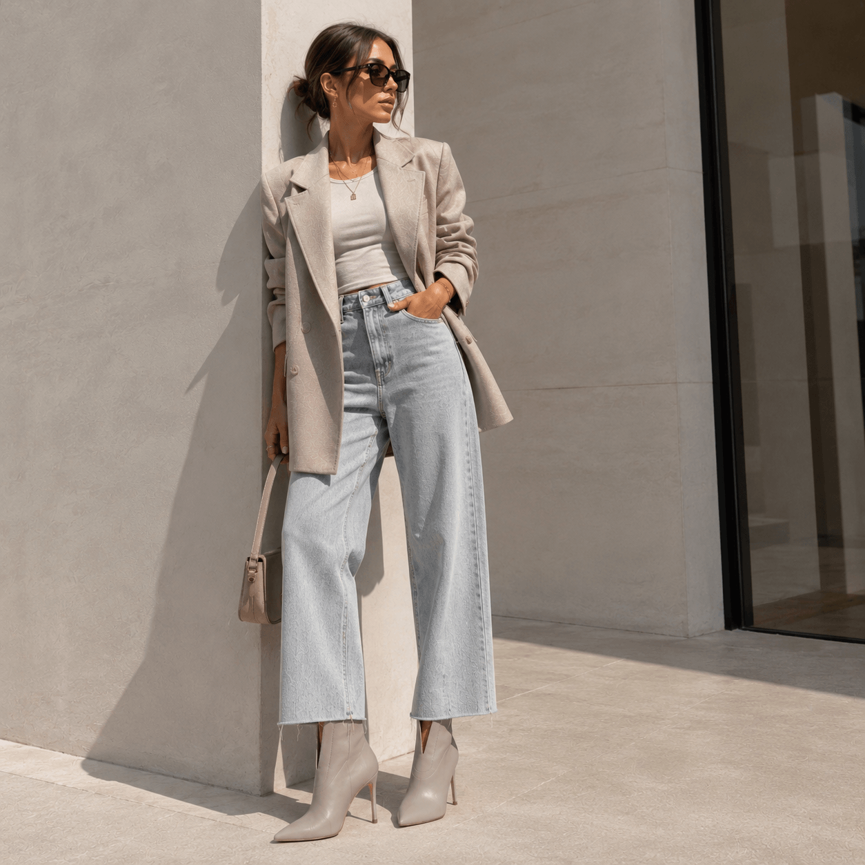 Gristal Stiefeletten – LiBEAU Damen trägt graue High Heel Stiefeletten zum eleganten Outfit, zeitloser femininer Statement Look | LiBEAU

