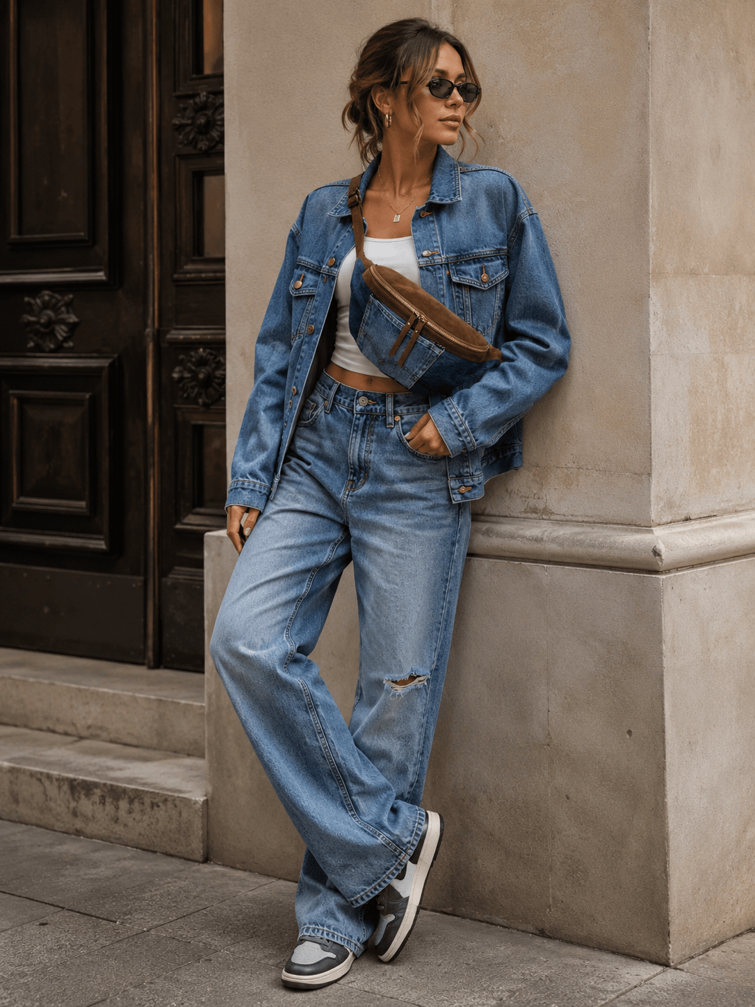Gürteltasche Denim Braun – Frau trägt braune Denim-Gürteltasche als Crossbody zum Denim-on-Denim-Look im urbanen Streetstyle | LiBEAU
