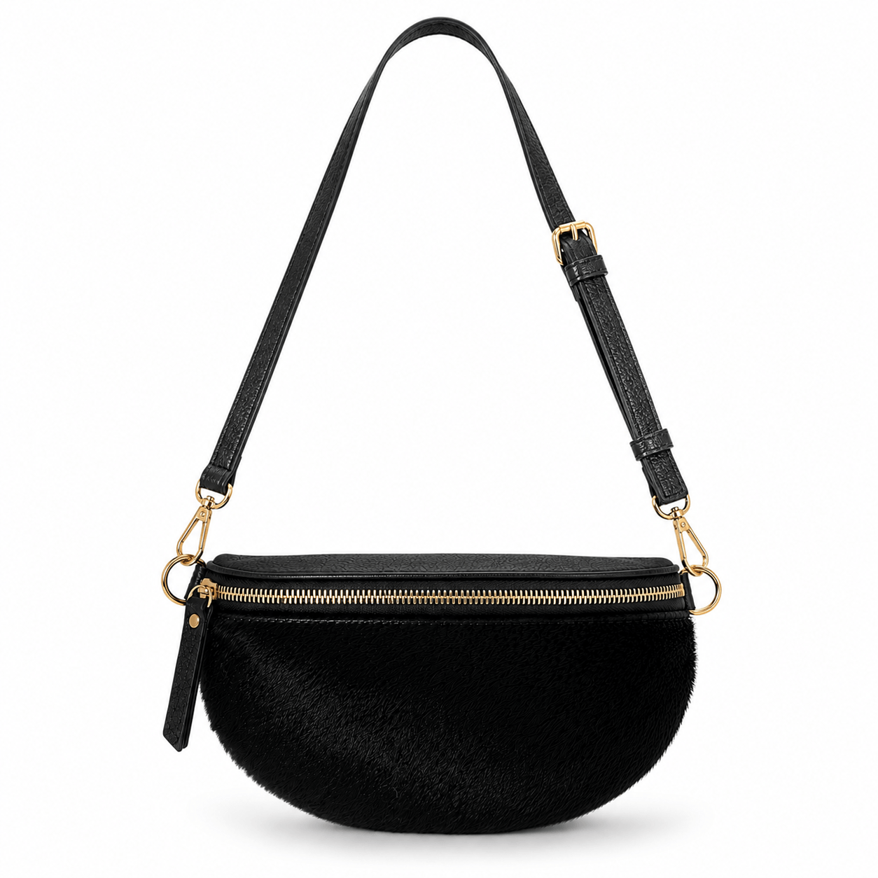 Gürteltasche Pony Schwarz – Damen Bauchtasche mit Ponyfell-Front, Leder-Rückseite und goldenem Schulterriemen, Frontansicht | LiBEAU
