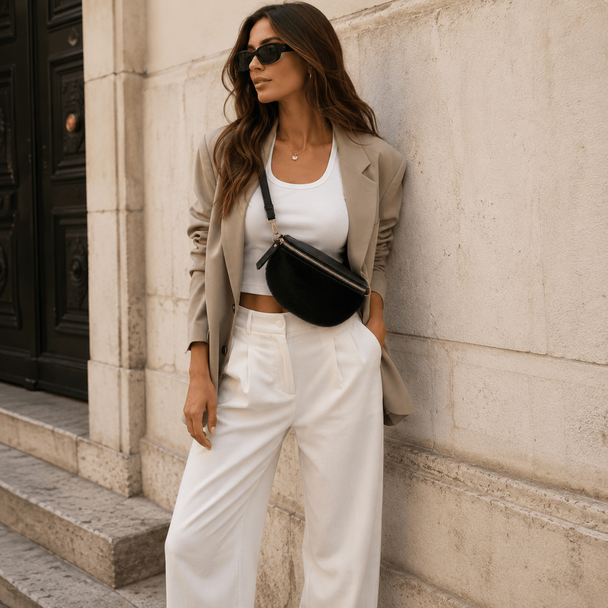 Gürteltasche Pony Schwarz – Frau trägt schwarze Ponyfell-Gürteltasche als Crossbody zum eleganten Blazer-Look in Beige und Weiß | LiBEAU
