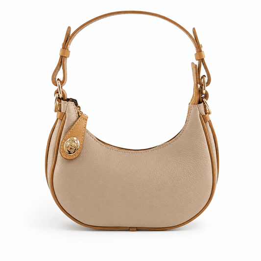 Hobo Bag Emerson – LiBEAU Damen Hobo Bag Bicolor Beige Cognac Leder, goldener Drehverschluss und Cognac-Kontrastpiping, Frontansicht mit Henkel | LiBEAU
