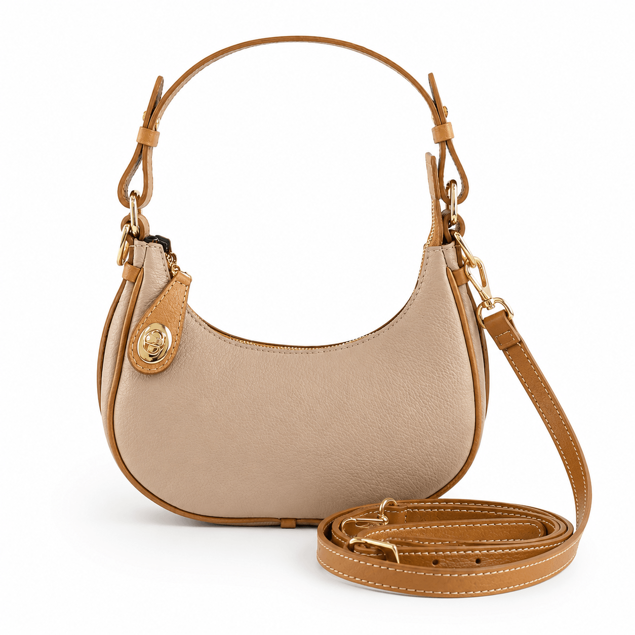 Hobo Bag Emerson – LiBEAU Damen Hobo Bag Bicolor Beige Cognac Leder, goldener Drehverschluss und abnehmbarer Cognac-Schulterriemen mit Goldkarabinern, Frontansicht | LiBEAU
