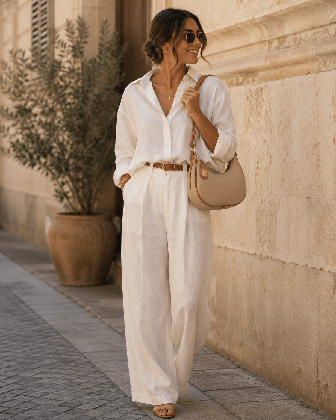 Hobo Bag Emerson – LiBEAU Damen trägt Bicolor Beige Cognac Hobo Bag zu weißem Leinenhemd und weiter Leinenhose auf mediterraner Gasse, zeitloser eleganter Summer Editorial Look | LiBEAU
