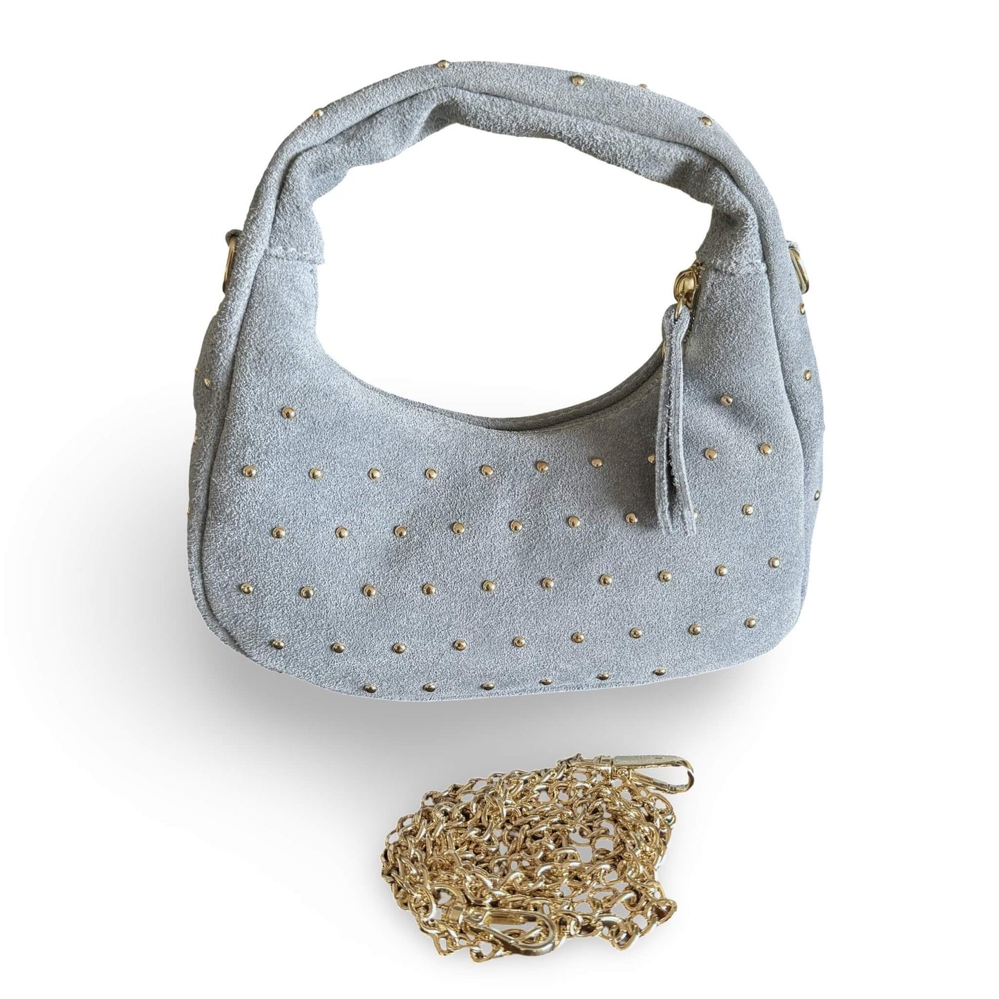 Kitty – Clutch Detailansicht Nieten & Wildleder Hellblau | LiBEAU
