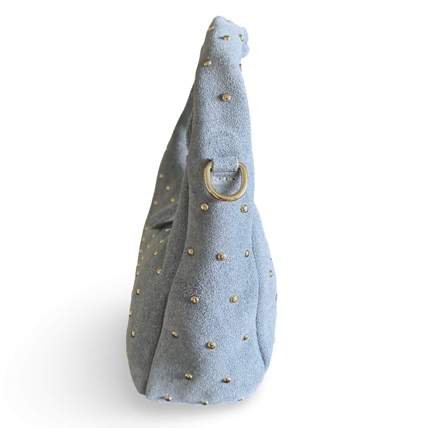 Kitty – Wildleder Clutch Hellblau, Seitenansicht mit abnehmbarer Goldkette | LiBEAU
