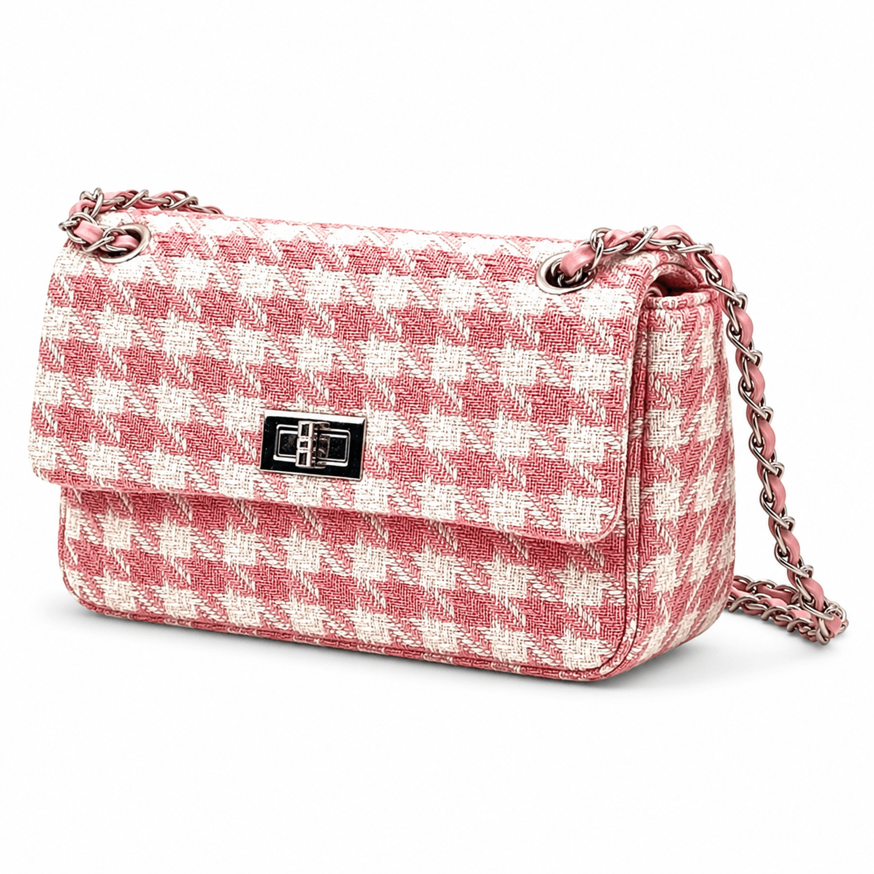 Clutch Tweed Rosé – Women's Evening Bag Pink Plaid Tweed with Gold Chain Strap
