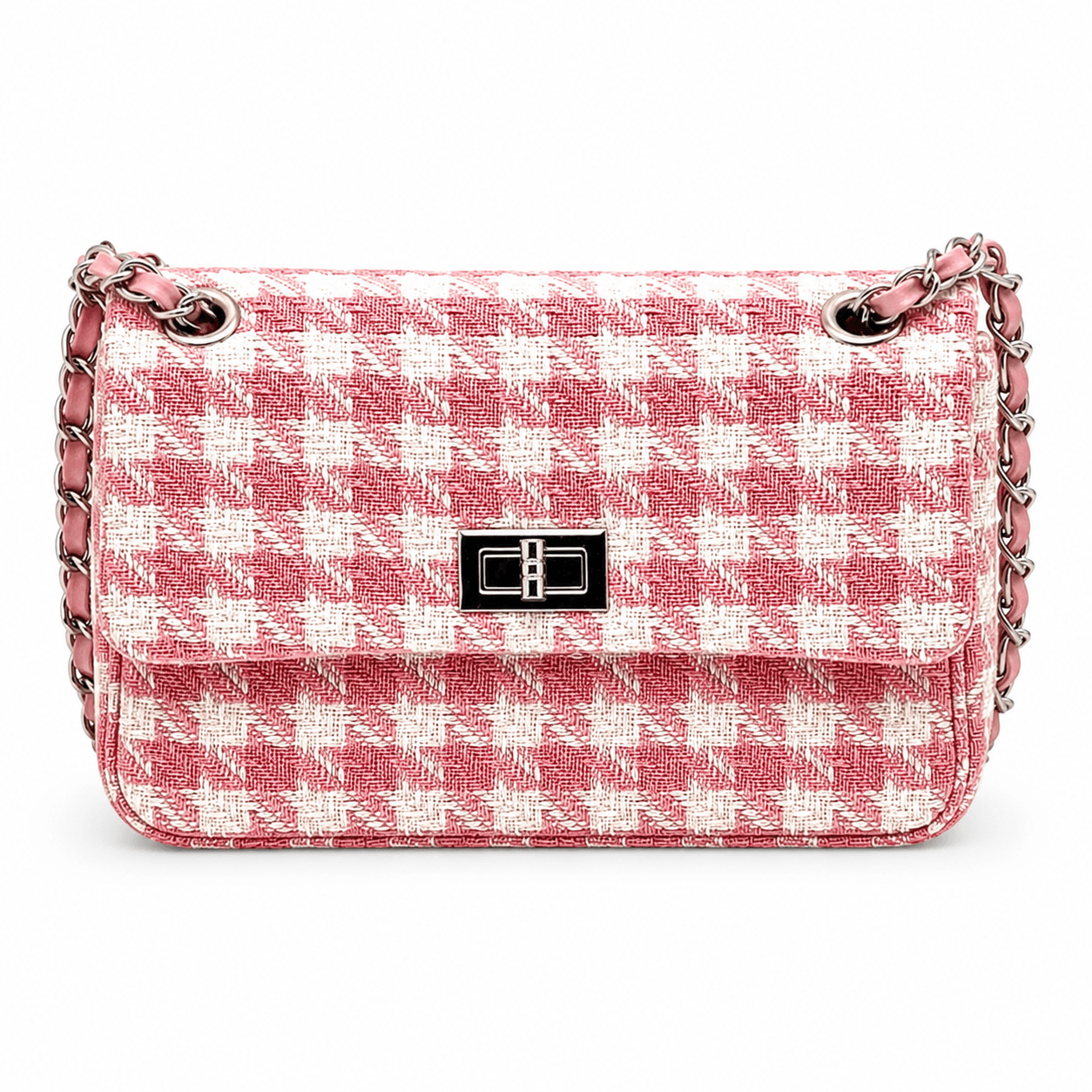 Clutch Tweed Rosé – Women's Evening Bag Pink Plaid Tweed with Gold Chain Strap