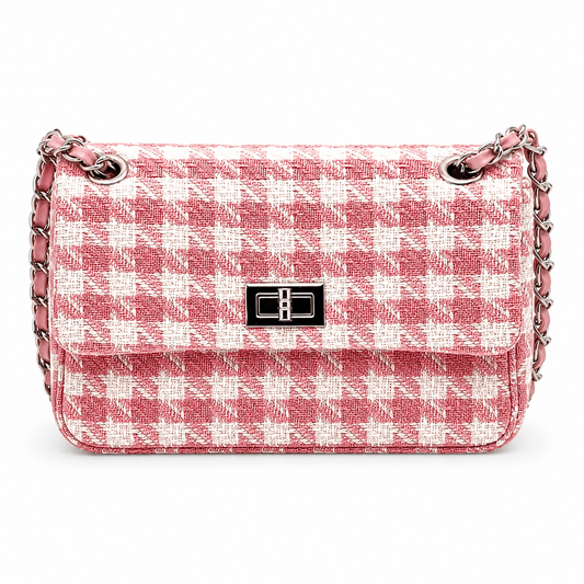 Clutch Tweed Rosé – Damen Abendtasche Tweed Rosa Karo mit Goldkettenriemen