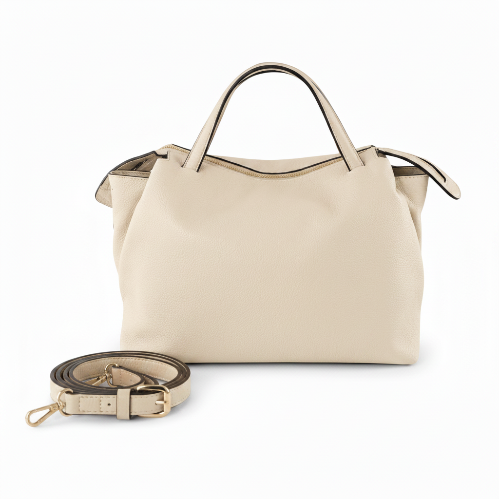 Jasmine Bag Panna – Cremefarbene Lederhandtasche mit abnehmbarem Schulterriemen und Golddetails, Frontansicht | LiBEAU
