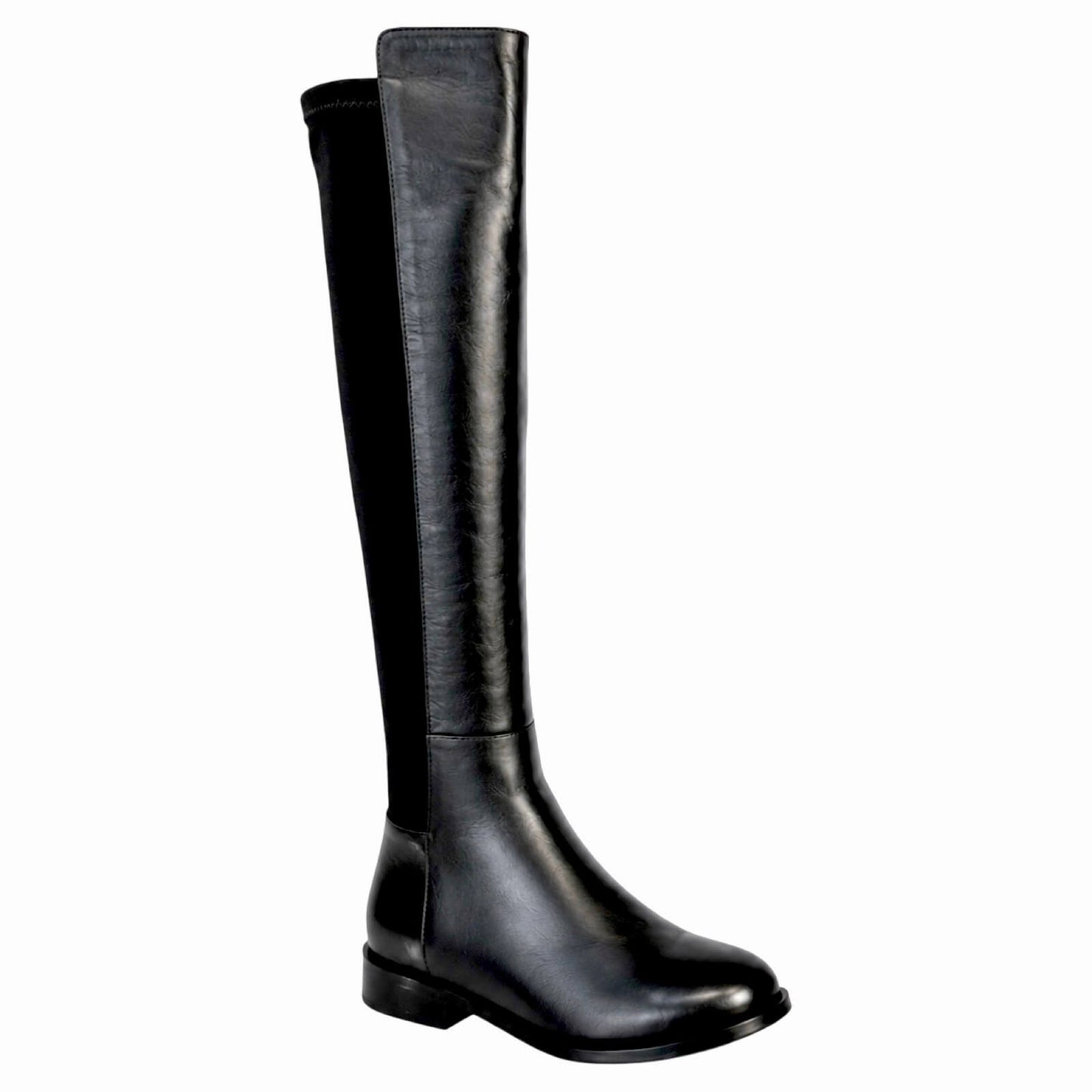 Jonna Boots – LiBEAU Damen Overknee Stiefel Schwarz Leder, enganliegender Stretch-Schaft, flacher Blockabsatz, Seitenansicht | LiBEAU
