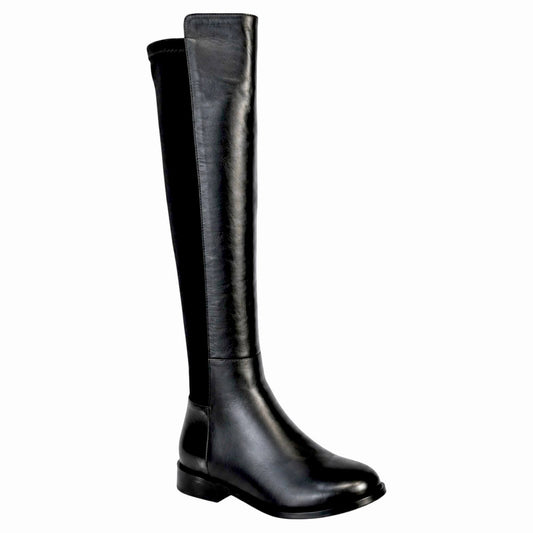 Jonna Boots – LiBEAU Damen Overknee Stiefel Schwarz Leder, enganliegender Stretch-Schaft, flacher Blockabsatz, Seitenansicht | LiBEAU
