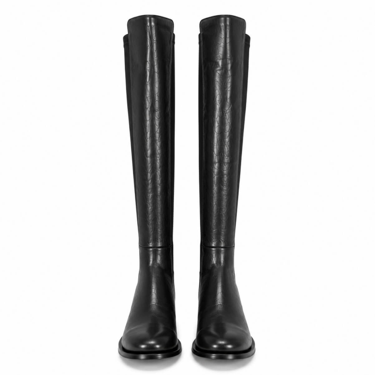 Jonna Boots – LiBEAU Schwarze Leder Overknee Stiefel Paar, Leder vorne und Stretch-Stoff hinten, flacher Blockabsatz | LiBEAU
