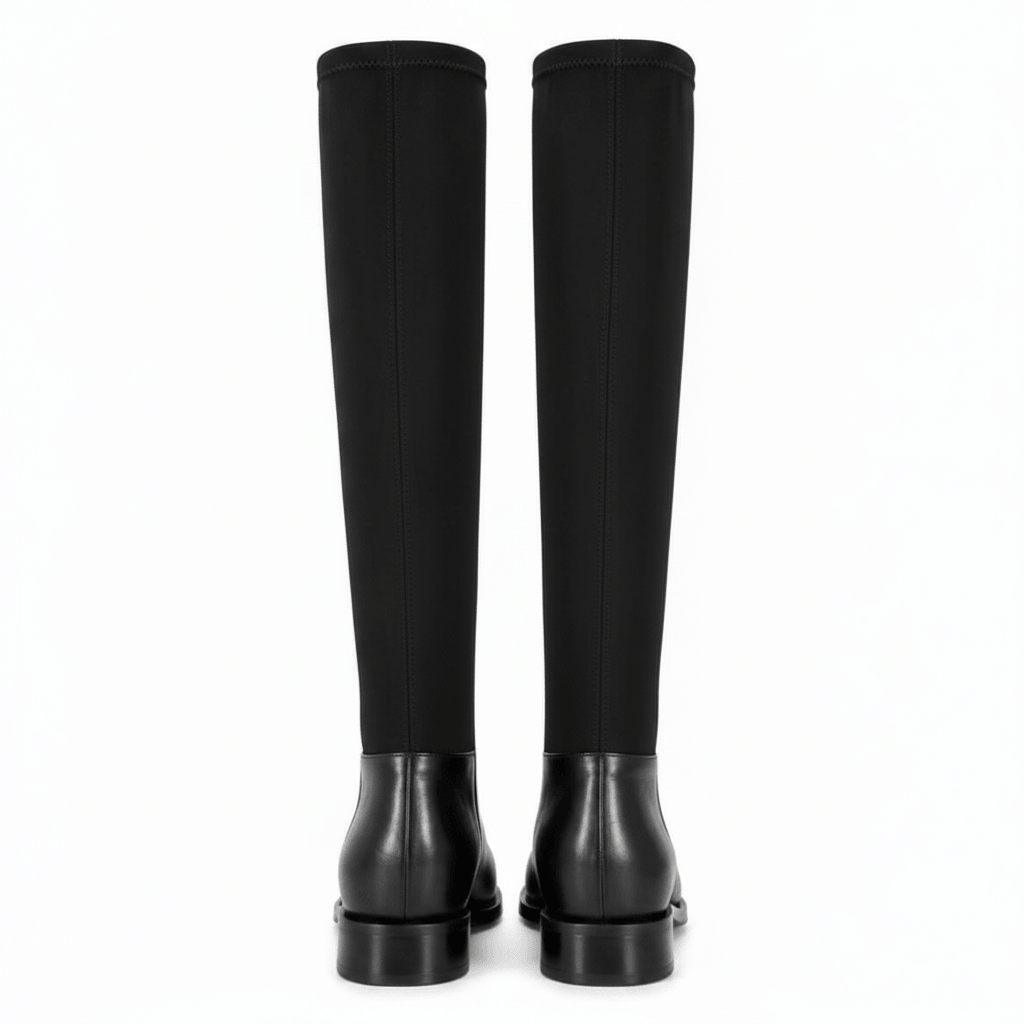 Jonna Boots – LiBEAU Detailansicht Schwarze Leder Overknee Stiefel Paar, enganliegender Schaft mit Reißverschluss, Frontansicht | LiBEAU
