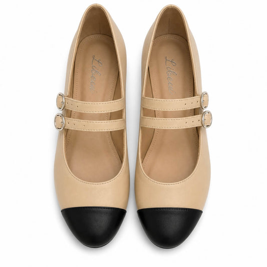 Kelly Ballerinas – LiBEAU Damen Mary Janes in Nudé aus Leder mit elegantem Riemen, Frontansicht | LiBEAU
