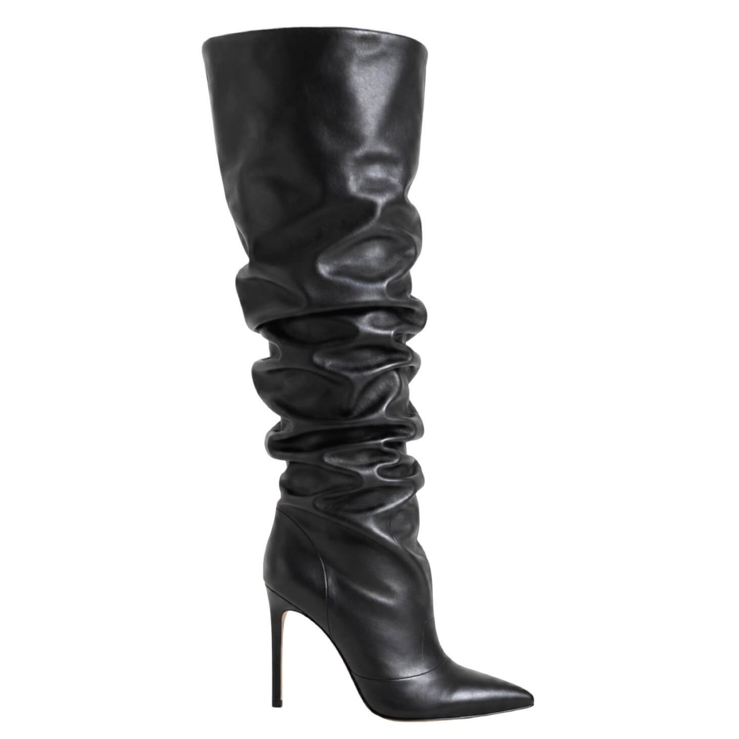 Leslie Boots – LiBEAU Damen Overknee Stiefel Schwarz Leder, geraffter Schaft, spitze Zehenpartie und 10 cm Stiletto-Absatz, Seitenansicht | LiBEAU
