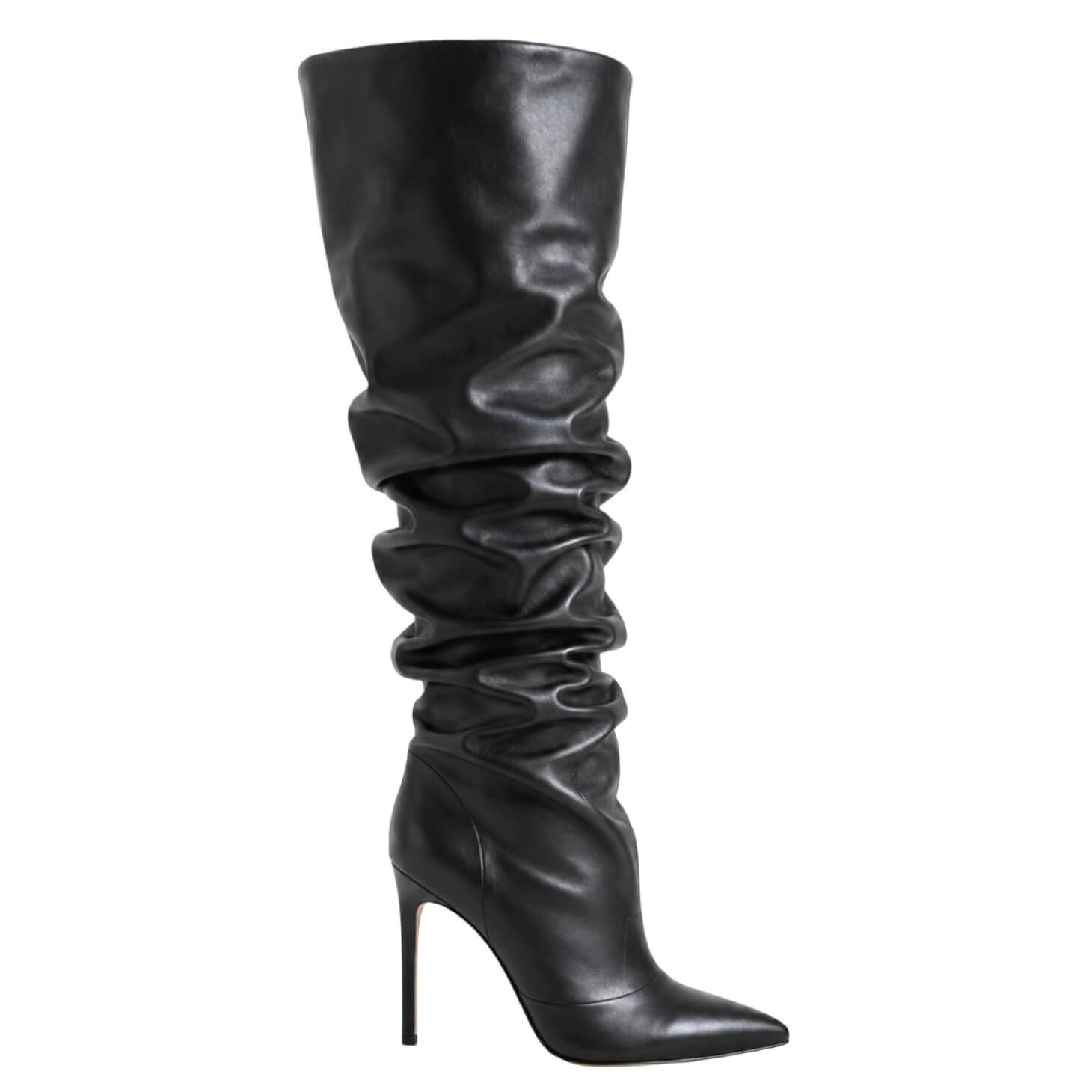 Leslie Boots – LiBEAU Damen Overknee Stiefel Schwarz Leder, geraffter Schaft, spitze Zehenpartie und 10 cm Stiletto-Absatz, Seitenansicht | LiBEAU
