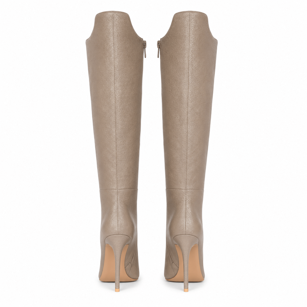 Letizia Stiefel – LiBEAU Detailansicht Absatz und Rückansicht, Taupe Leder | LiBEAU