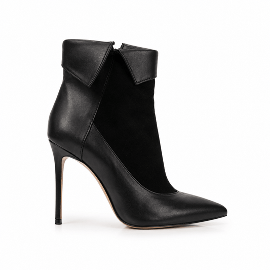 Mamba Stiefeletten – LiBEAU Damen Ankle Boots Schwarz Leder Wildleder Mix, 10 cm Stiletto-Absatz, spitze Zehenpartie, Seitenansicht | LiBEAU
