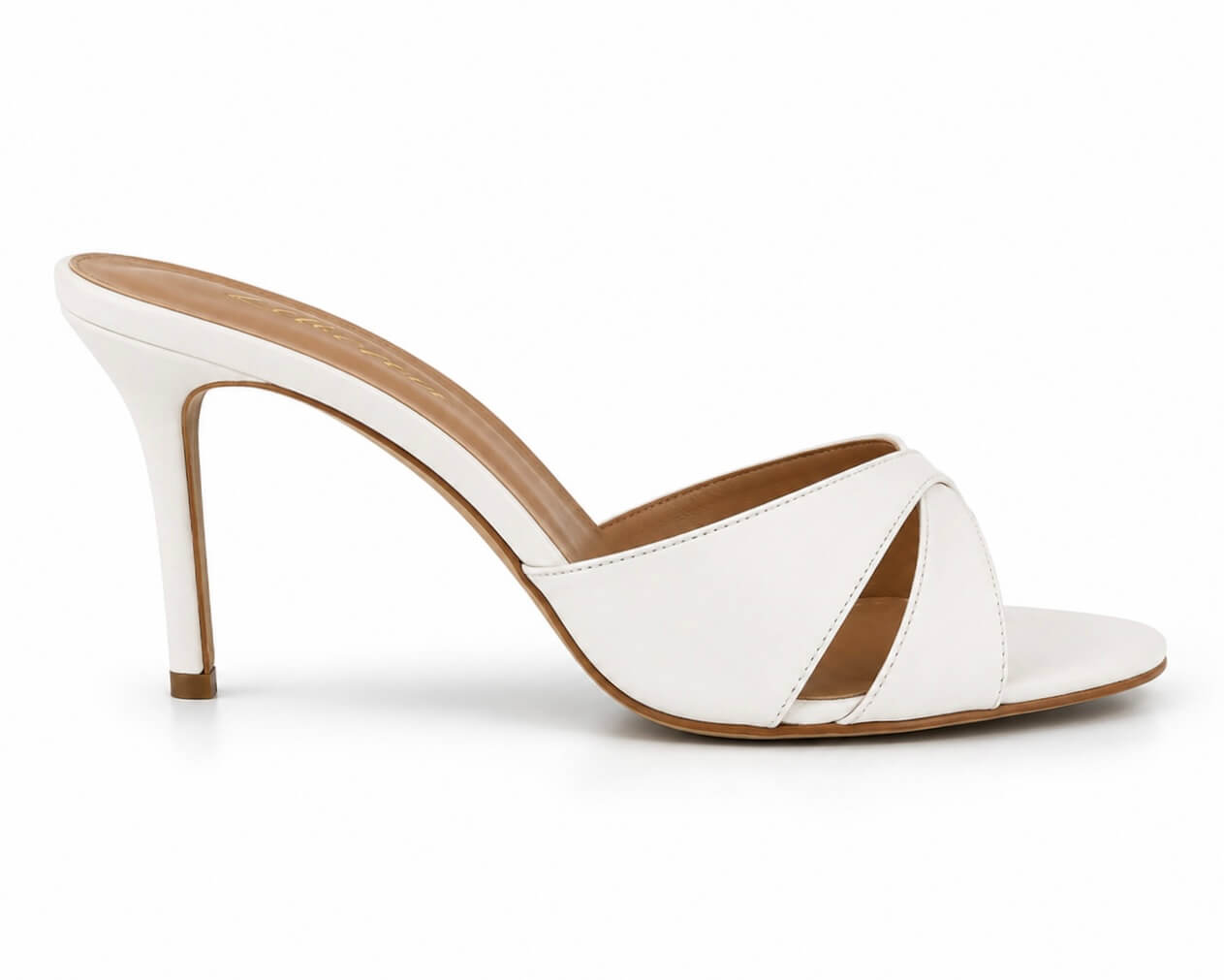 Manon Mules Weiß – Seitenansicht, Leder Stiletto Mules mit gekreuzten Riemen | LiBEAU

