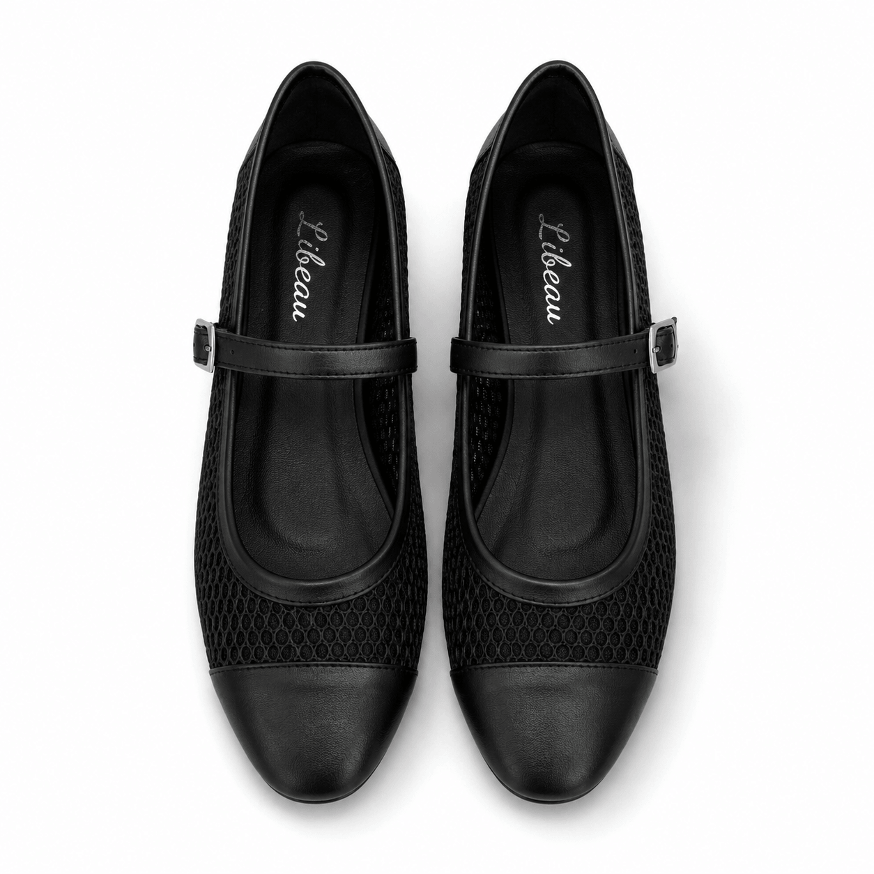 Mary Ballerinas – LiBEAU Damen Mary Janes in Schwarz aus Leder und Mesh mit elegantem Riemen, Frontansicht | LiBEAU
