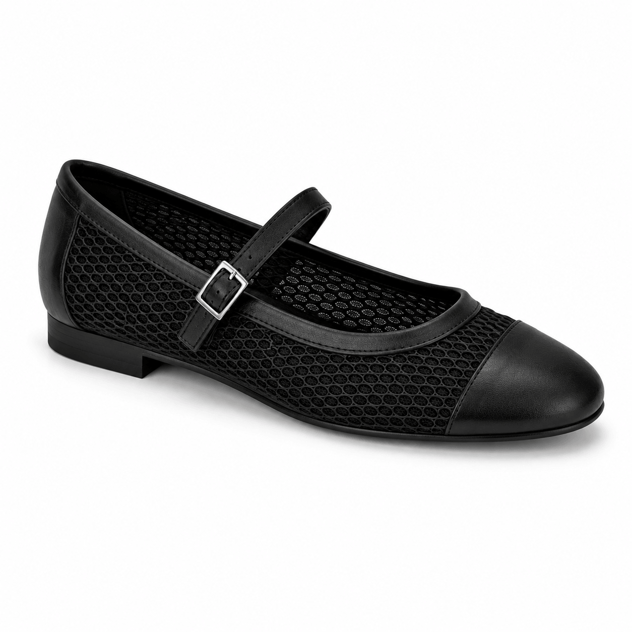 Mary Ballerinas – LiBEAU schwarze Leder-Mesh Mary Janes seitlich, klassischer Riemen und 2 cm Absatz, Seitenansicht | LiBEAU
