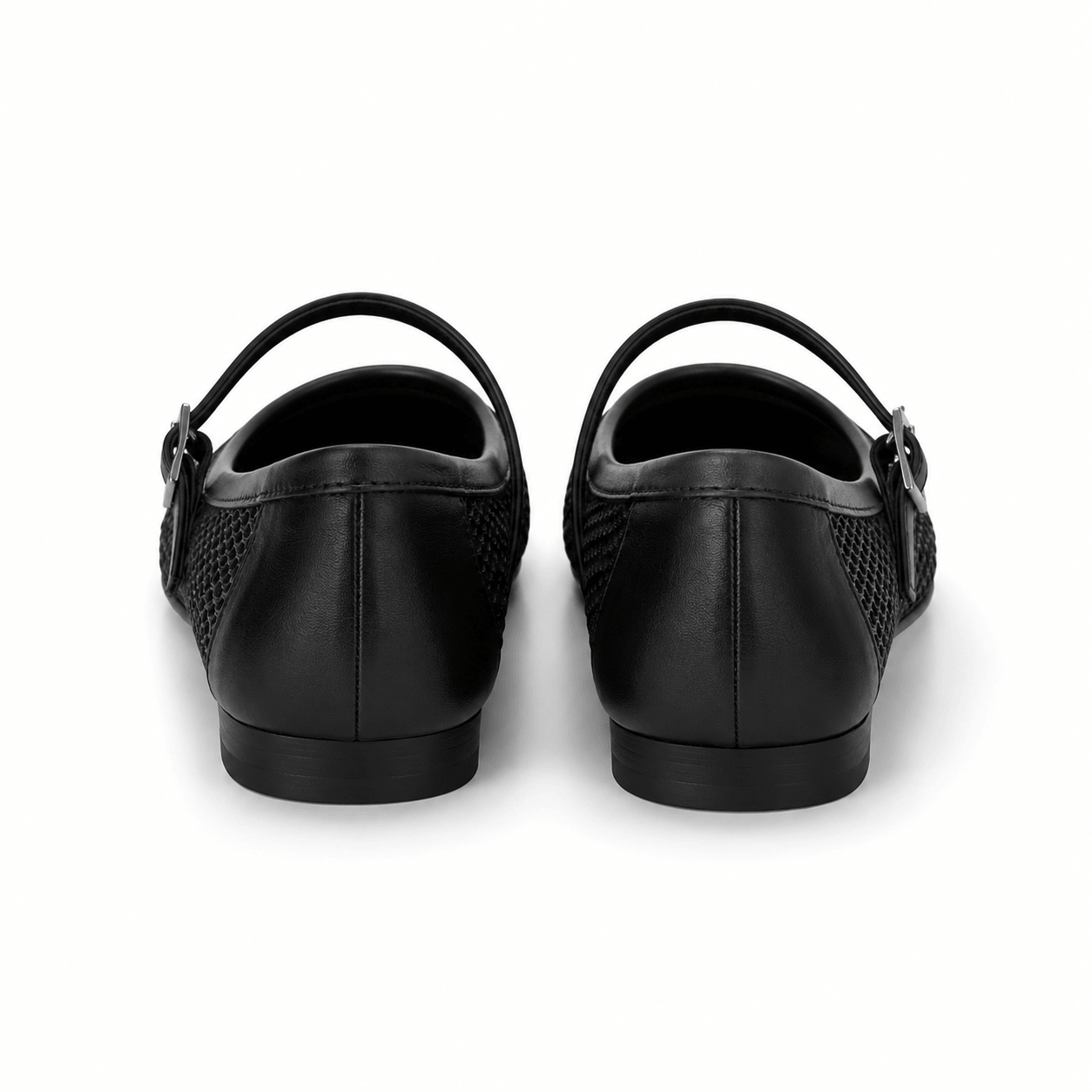 Mary Ballerinas – LiBEAU Detailansicht Mesh-Netz und Leder in Schwarz, eleganter Riemen Mary Ballerinas | LiBEAU

