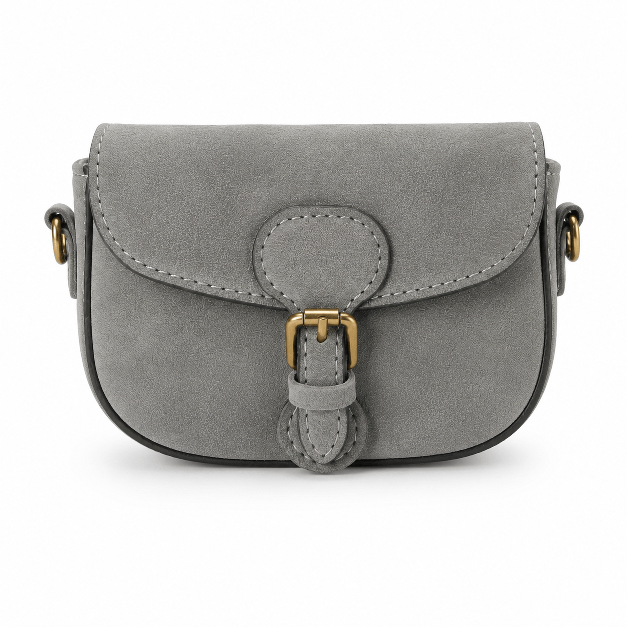Mini Danielle Grey – LiBEAU Damen Mini Umhängetasche Grau Wildleder, Klappe mit Goldschnalle und Lederöse, Frontansicht | LiBEAU
