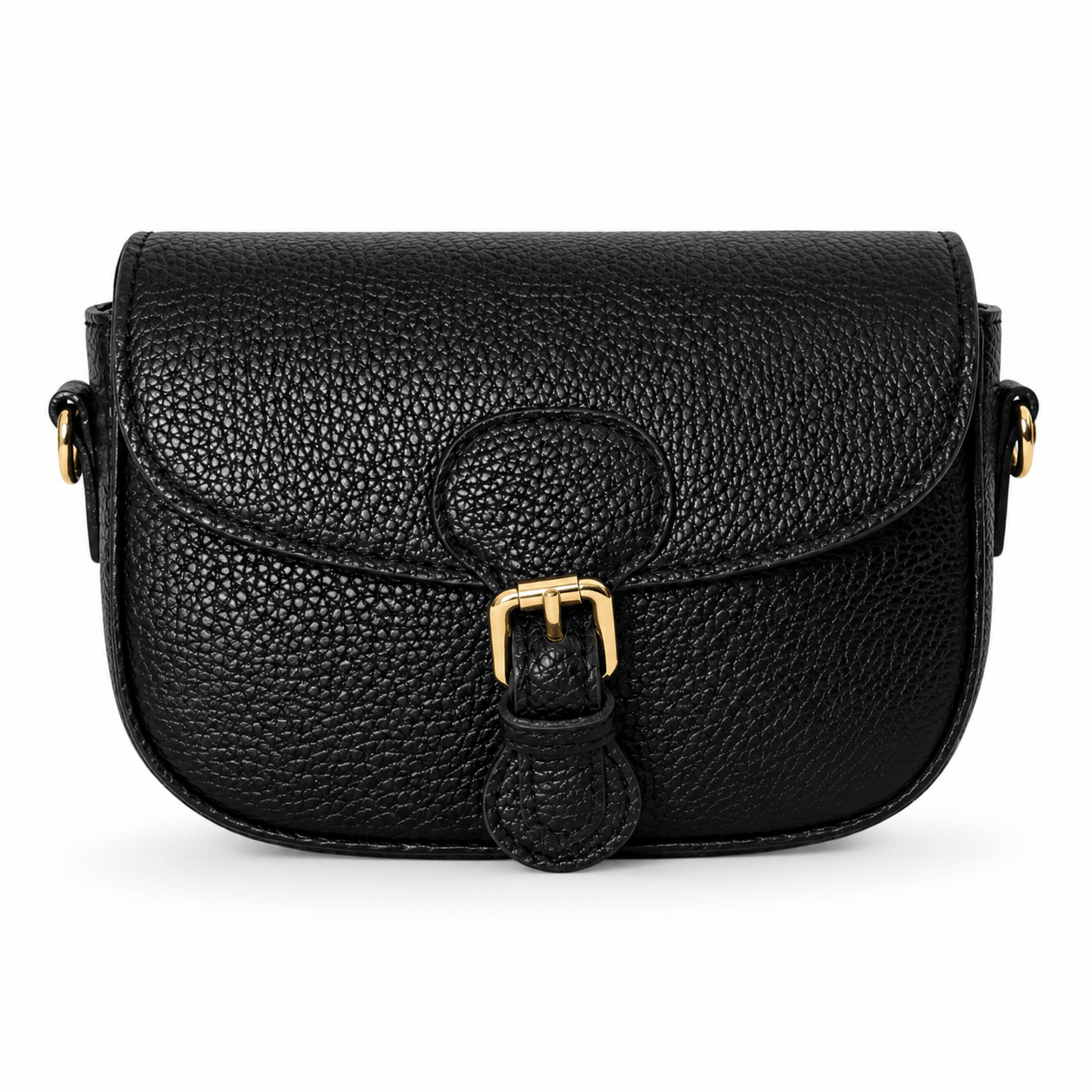 Mini Danielle Nero – LiBEAU Damen Mini Umhängetasche Schwarz genarbtes Leder, Klappe mit Goldschnalle und Lederöse, Frontansicht | LiBEAU
