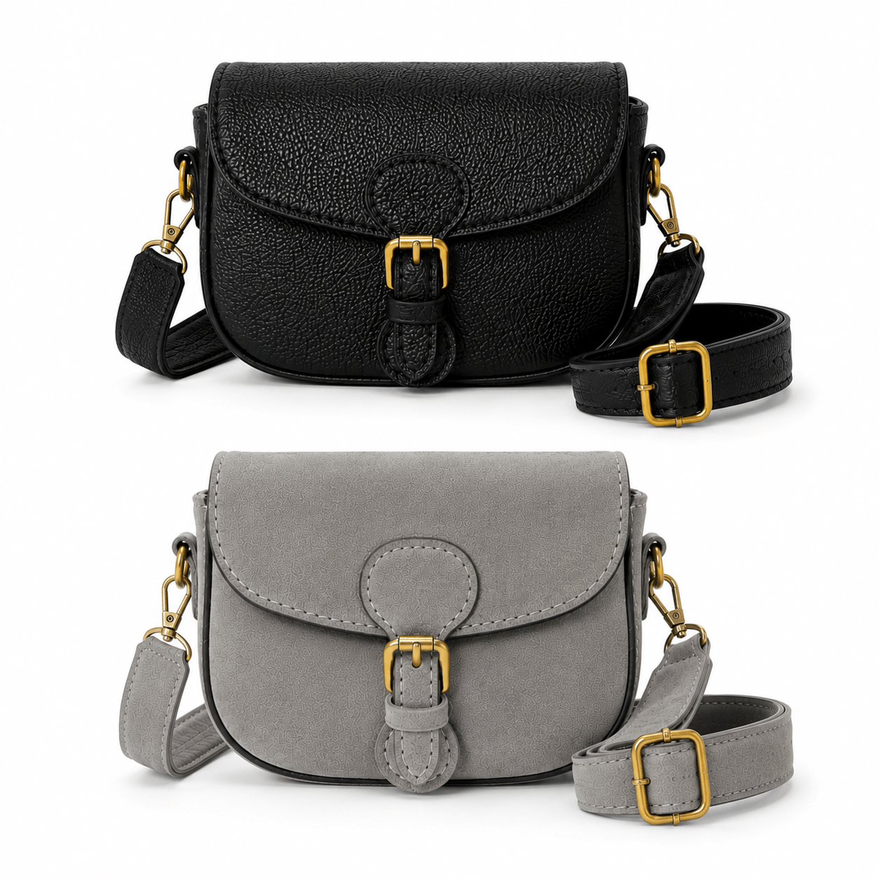Mini Danielle – LiBEAU Damen Mini Umhängetasche im Farbvergleich Schwarz Leder und Grau Wildleder, beide mit Goldschnalle und breitem Schulterriemen | LiBEAU
