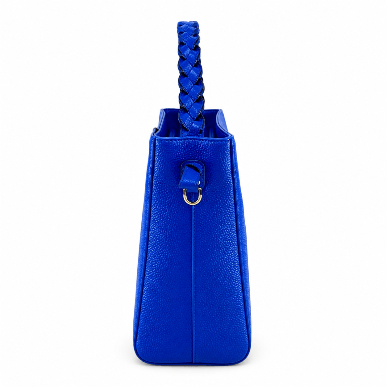 Monica Bag – LiBEAU Detailansicht Seitenansicht Royalblau Leder Henkeltasche, geflochtener Henkel und Goldkarabiner für abnehmbaren Schulterriemen | LiBEAU
