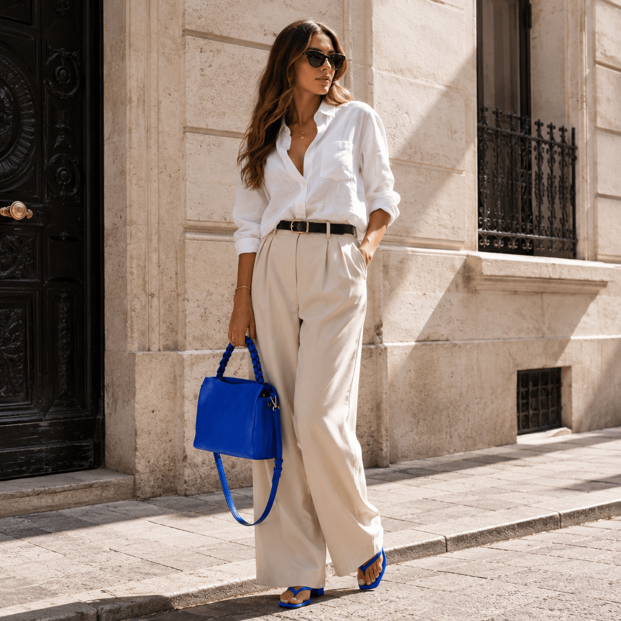 Handbag Monica – LiBEAU Damen trägt Royalblau Leder Henkeltasche zu beiger Wide-Leg-Hose und weißem Leinenhemd auf Pariser Boulevard, zeitloser eleganter City Editorial Look | LiBEAU
