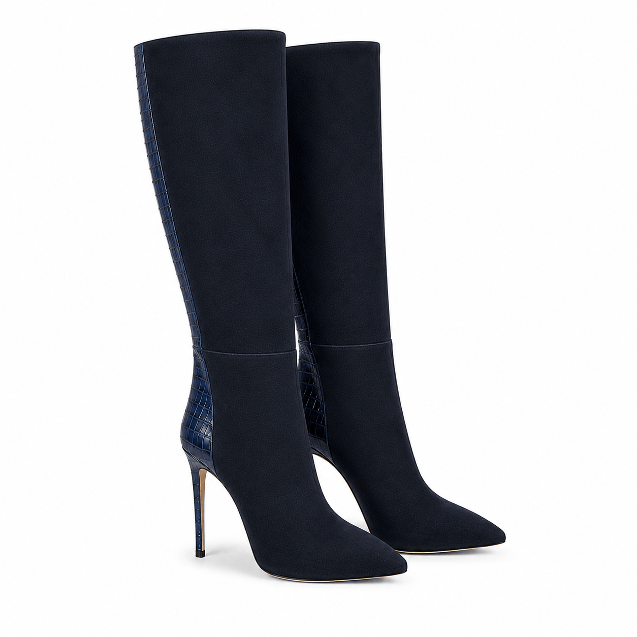 Navy Boots – LiBEAU Damen Stiefel Dunkelblau Navy Suede mit Kroko-Leder Panel, 10 cm Stiletto-Absatz, spitze Zehenpartie, Frontansicht Paar | LiBEAU
