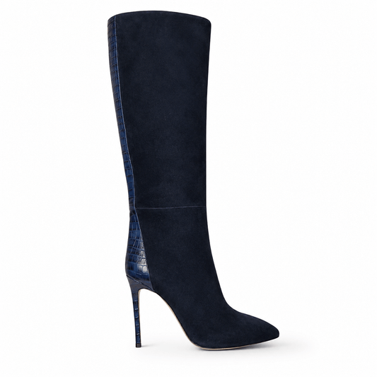 Navy Boots – LiBEAU Damen Stiefel Dunkelblau Navy Suede mit Kroko-Leder Seitenstreifen, schlanker 10 cm Stiletto-Absatz, Seitenansicht | LiBEAU
