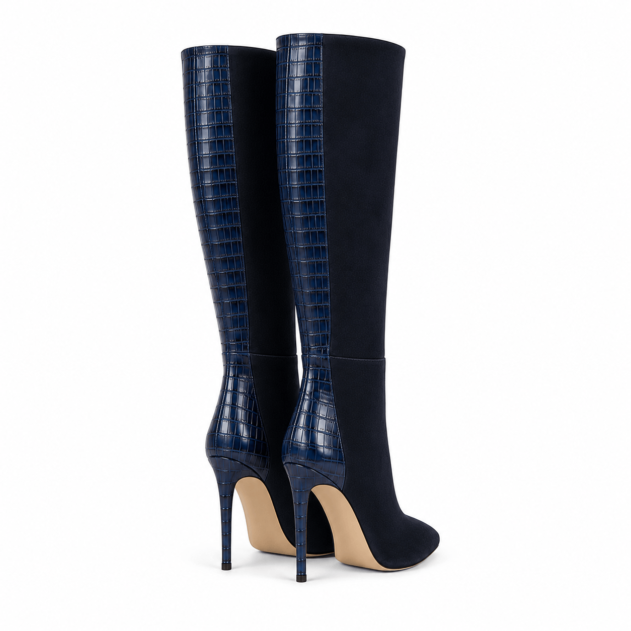 Navy Boots – LiBEAU Detailansicht Rückansicht Dunkelblau Kroko-Leder Panel und 10 cm Stiletto-Absatz, Paar Rückansicht | LiBEAU
