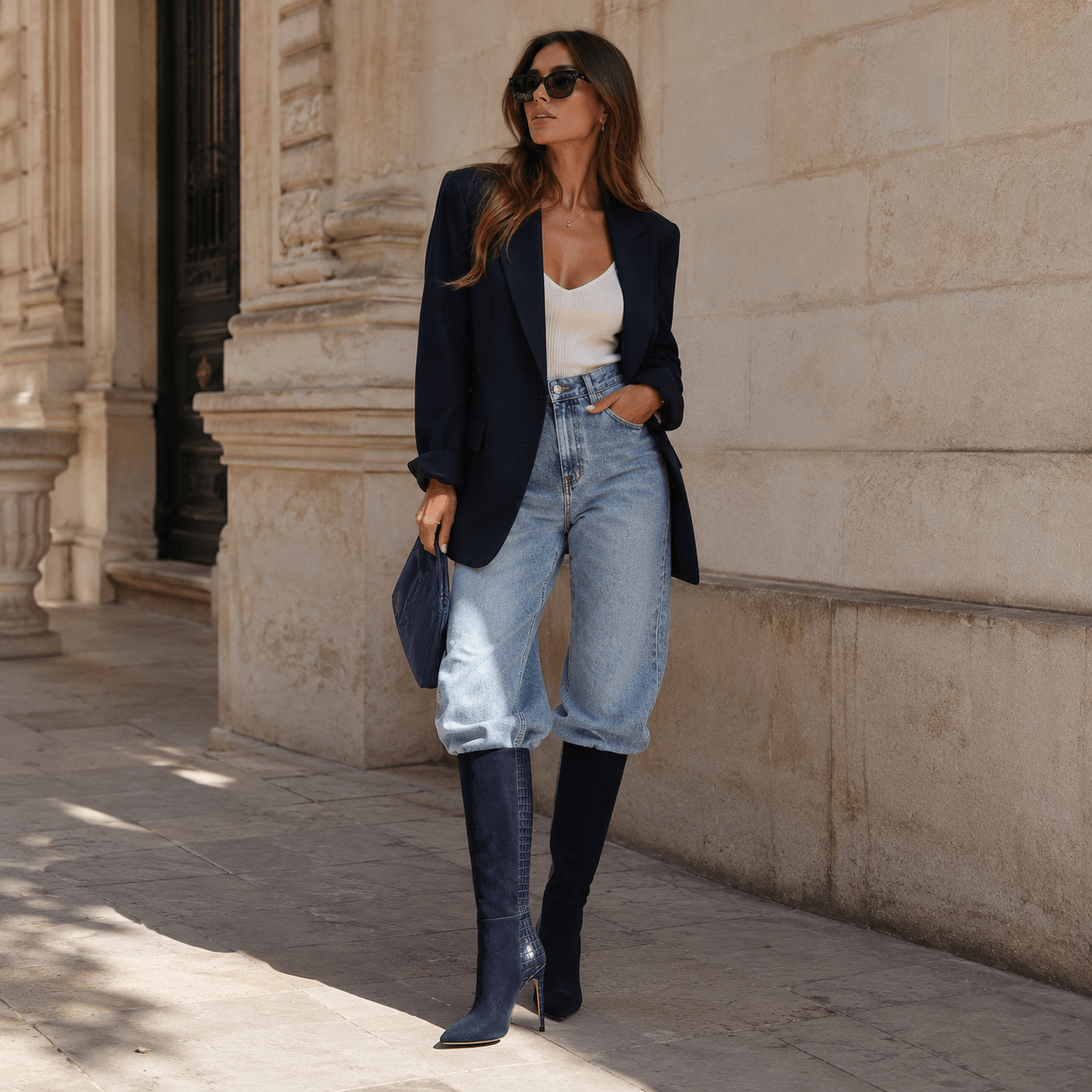 Navy Boots – LiBEAU Damen trägt Dunkelblau Suede Stiefel zu Jeans und Navy Blazer in Paris, zeitloser eleganter Pariser Editorial Look | LiBEAU
