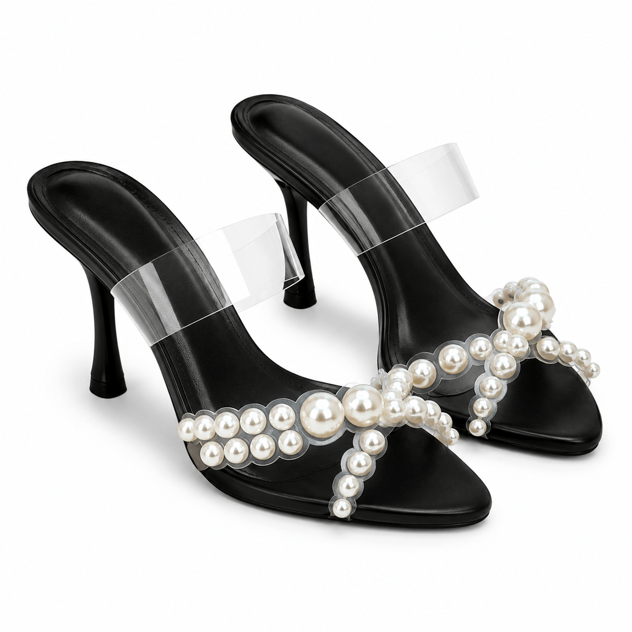 Naya Mules Schwarz – Frontansicht, schwarze High Heel Mules mit transparentem Riemen & Perlen-Dekor | LiBEAU
