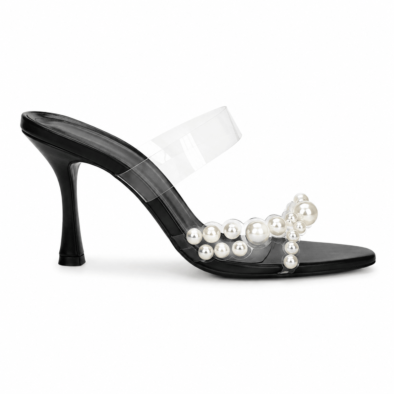 Naya Mules Schwarz – Seitenansicht, 8 cm Stiletto-Absatz & Perlen-Detail | LiBEAU
