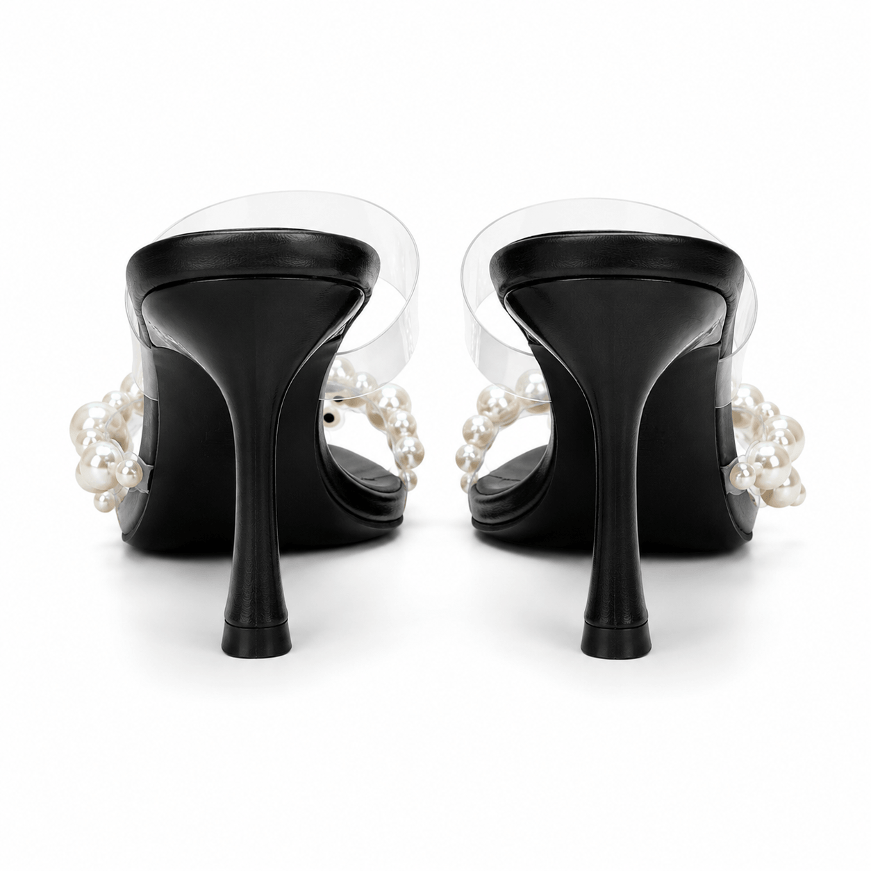 Naya Mules Schwarz – Rückansicht, schlanker Stiletto & transparenter Riemen | LiBEAU
