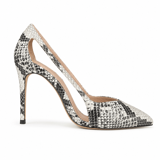 Nikita Pumps – LiBEAU Damen High Heel Pumps in Nudé aus Leder in Snake-Optik, Frontansicht | LiBEAU
