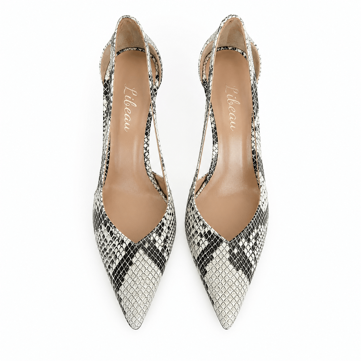 Nikita Pumps – LiBEAU Nudé Snake-Optik Pumps von oben, spitze Zehenpartie und schlanke Silhouette | LiBEAU
