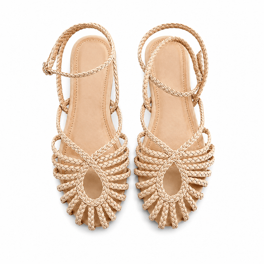 Nisa Sandals – Beige Riemchensandalen mit geflochtenem Fächermuster, Draufsicht | LiBEAU

