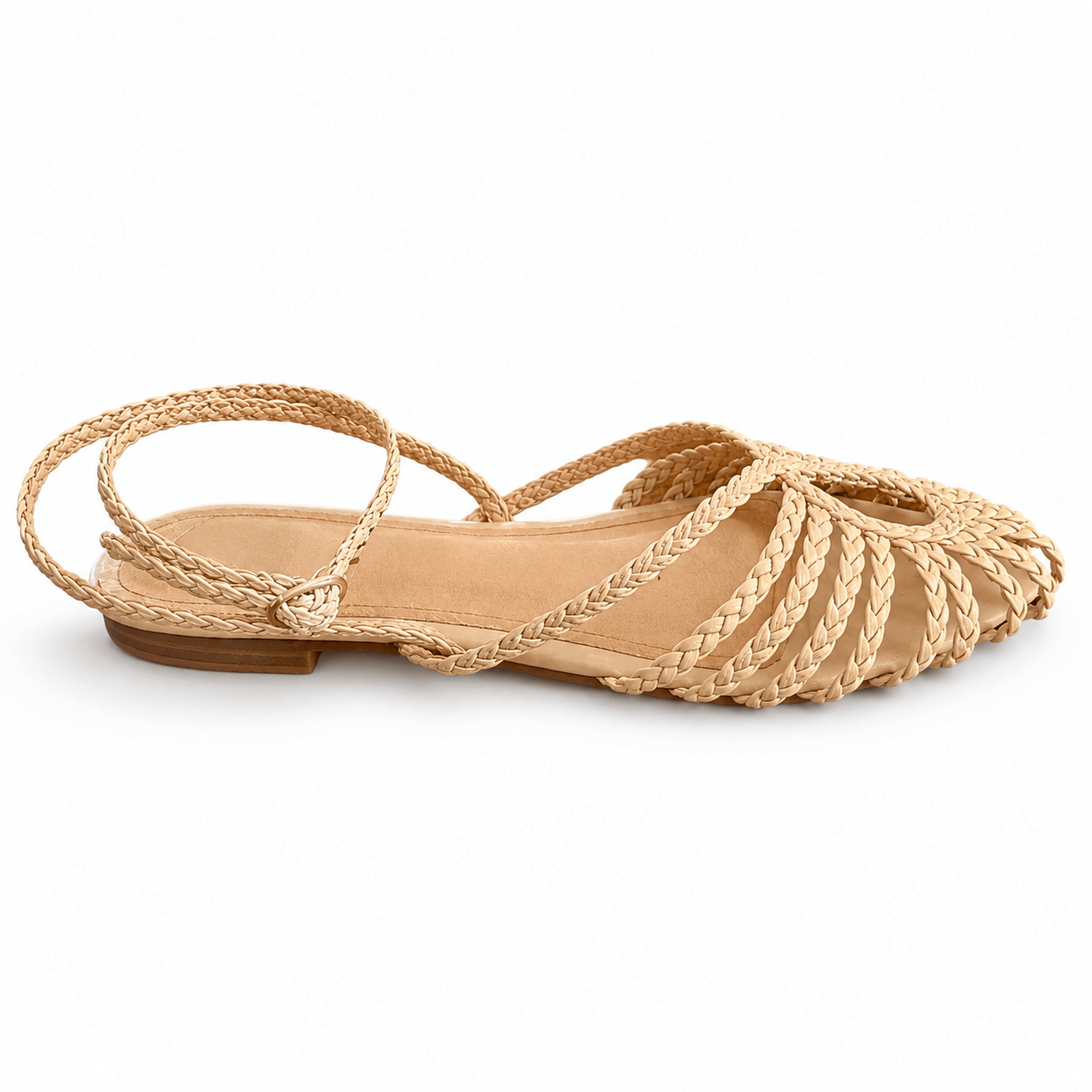 Nisa Sandals – Beige Riemchensandalen Seitenansicht, geflochtene Riemen & Knöchelriemen | LiBEAU
