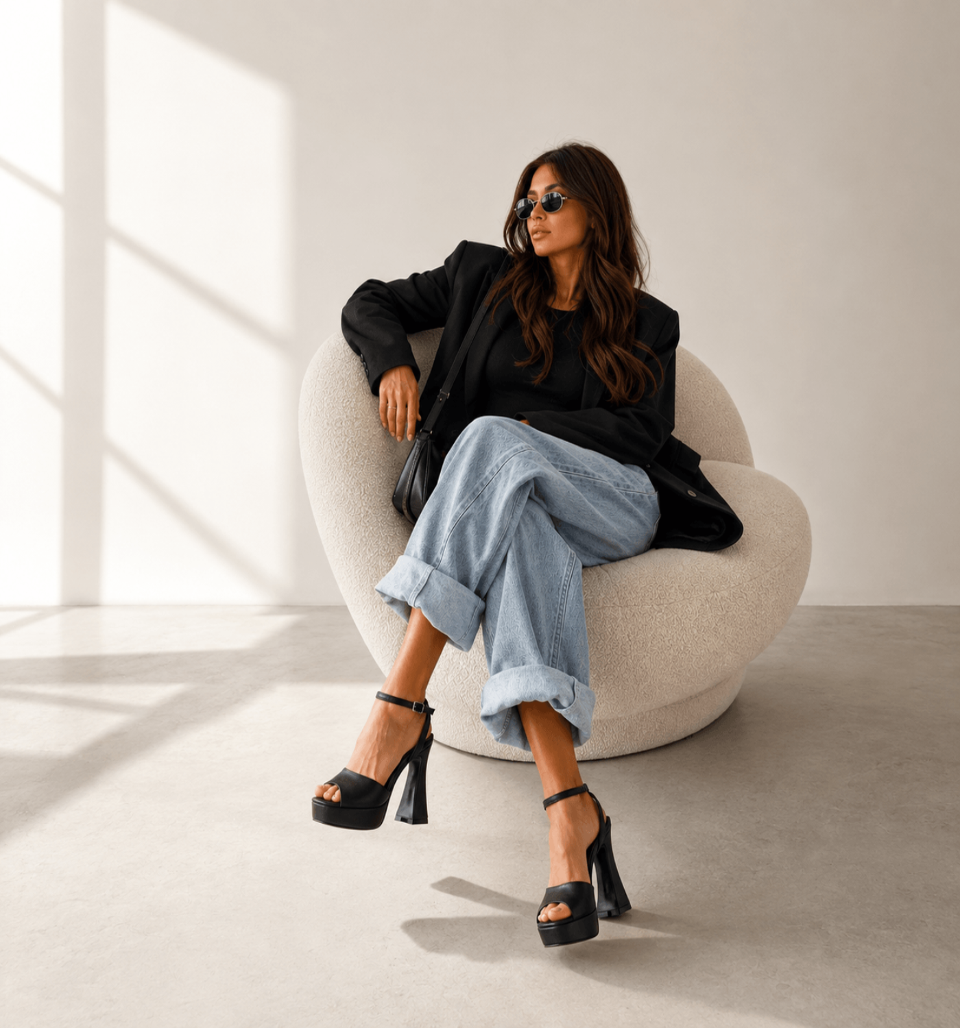 Noir Sandals Schwarz – Model trägt schwarze Satin Plateau Sandaletten, Ganzkörper | LiBEAU
