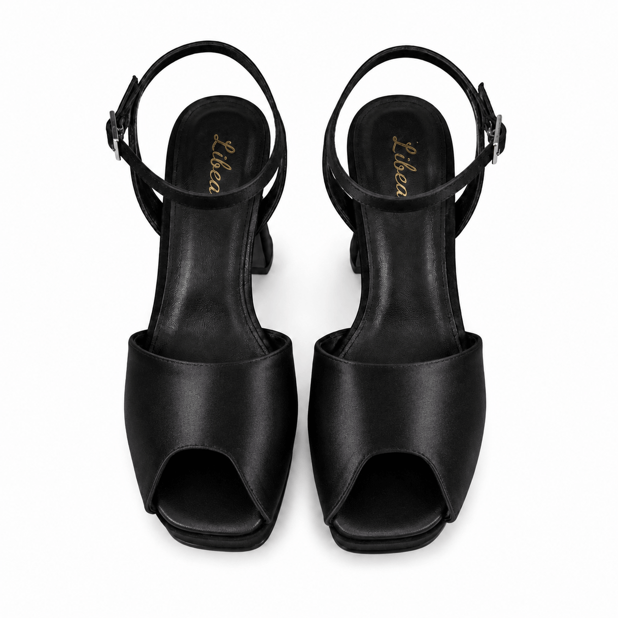 Noir Sandals Schwarz – Frontansicht, eckige offene Zehenpartie & Satin | LiBEAU
