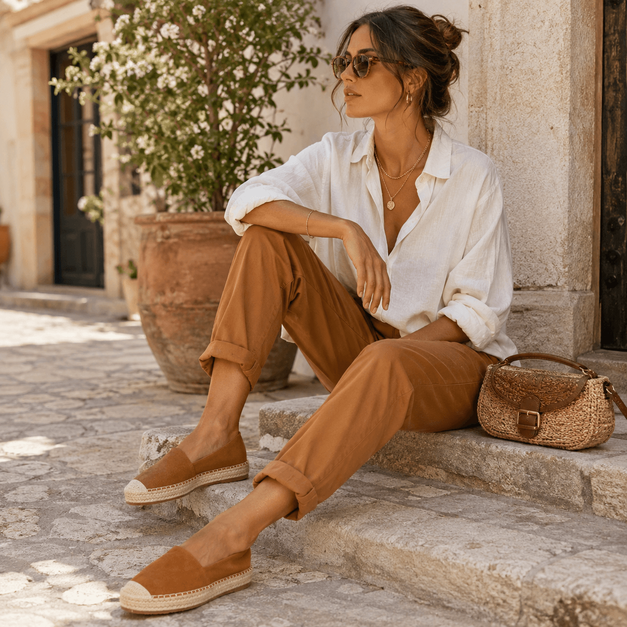 Nola Espadrilles Cognac – Model trägt cognacfarbene Espadrilles im Sommer-Outfit | LiBEAU
