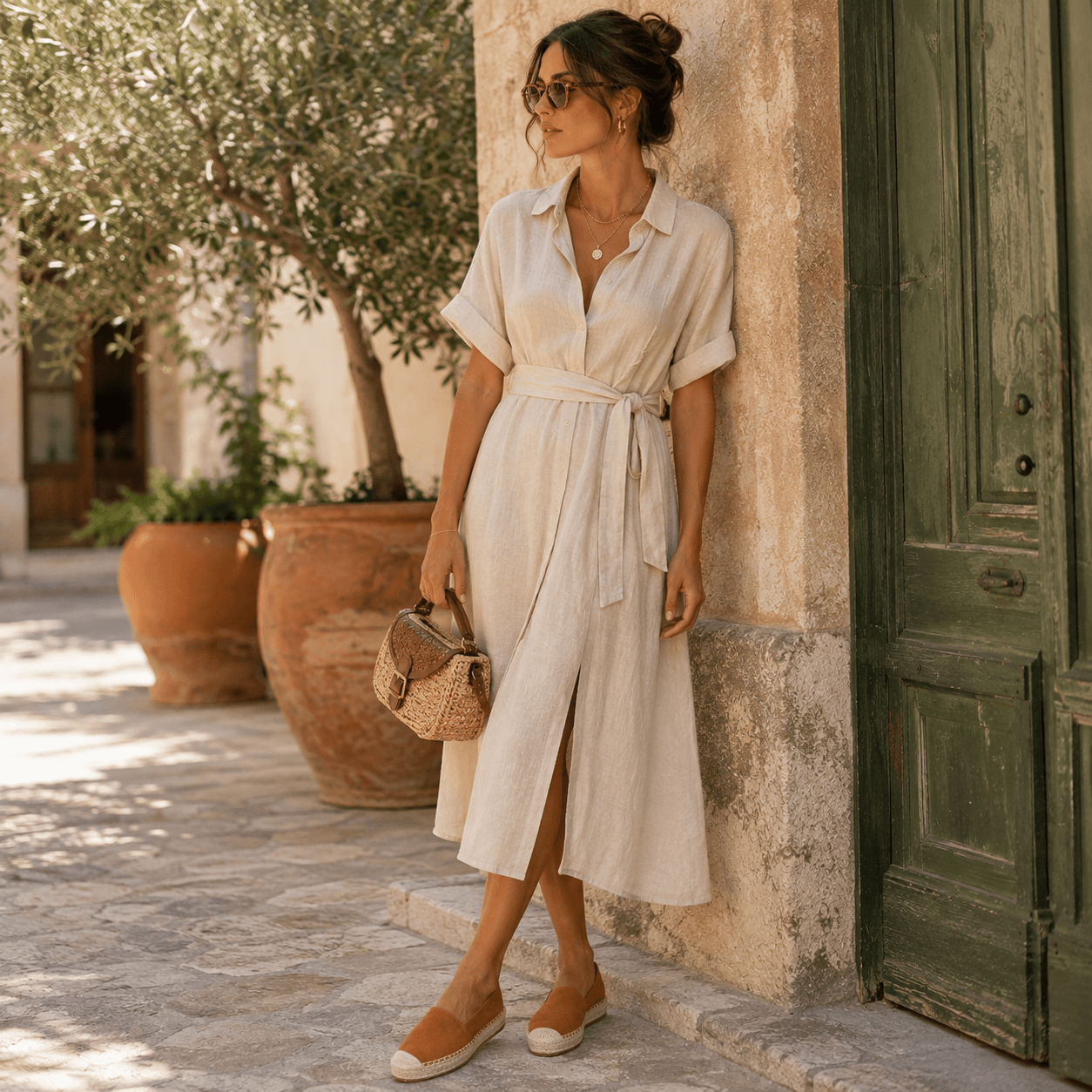Nola Espadrilles Cognac – Model mit Nola Espadrilles, Lifestyle Sommer Look | LiBEAU
