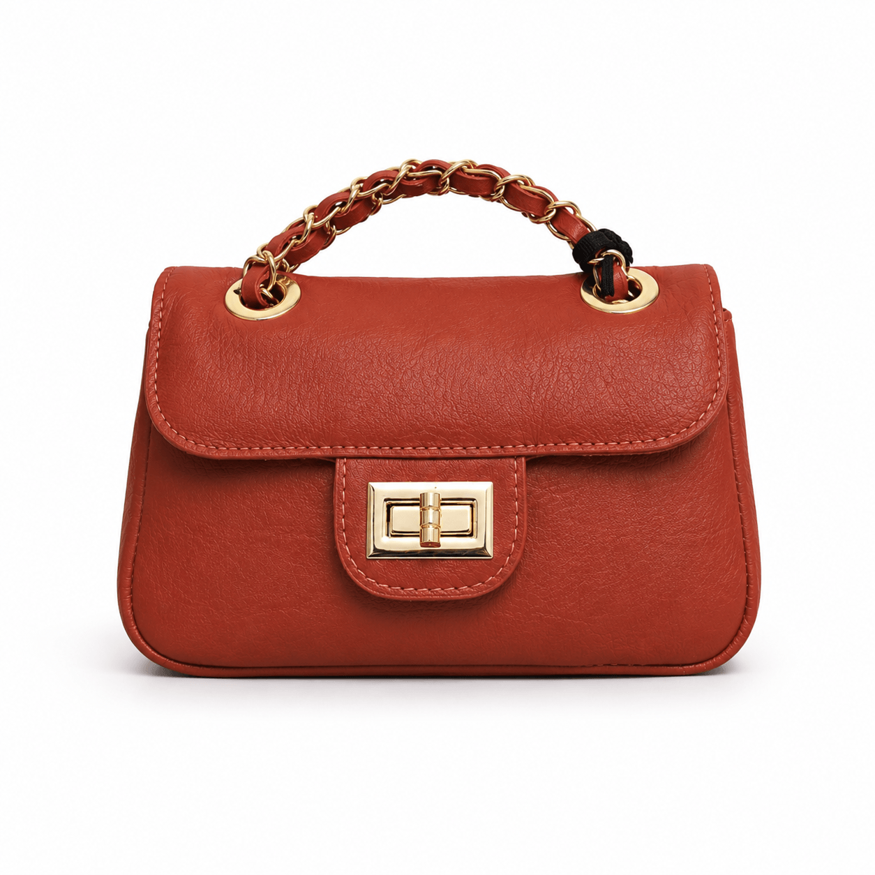 Clutch Nora Red – LiBEAU Damen Clutch Rostrot weiches Leder mit goldverflochtenem Ketten-Henkel und Gold-Drehhaken-Verschluss, Frontansicht | LiBEAU
