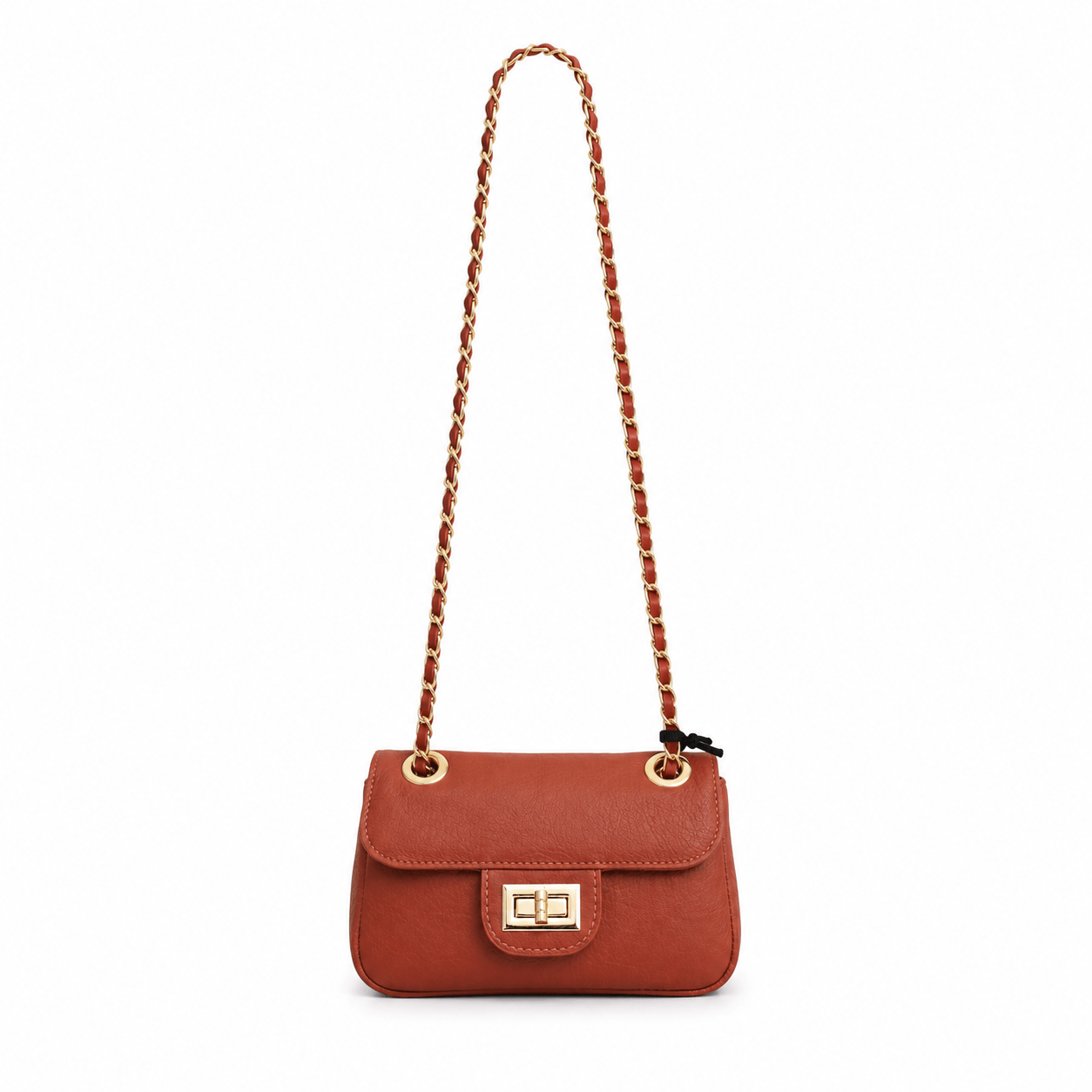 Clutch Nora Red – LiBEAU Damen Clutch Rostrot Leder als Umhängetasche mit langem goldverflochtenem Schulterriemen und Gold-Drehhaken-Verschluss, Frontansicht | LiBEAU
