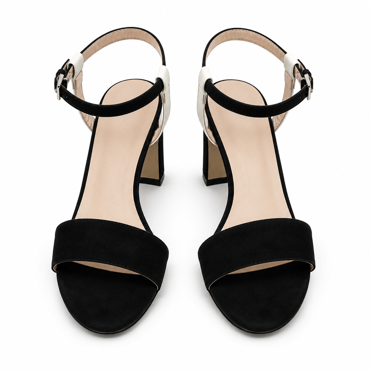 Piano Sandals – LiBEAU Damen Riemchensandalen Schwarz/Weiß Wildleder Draufsicht, breiter Zehenriemen und weißer Knöchelriemen mit Silberschnalle | LiBEAU
