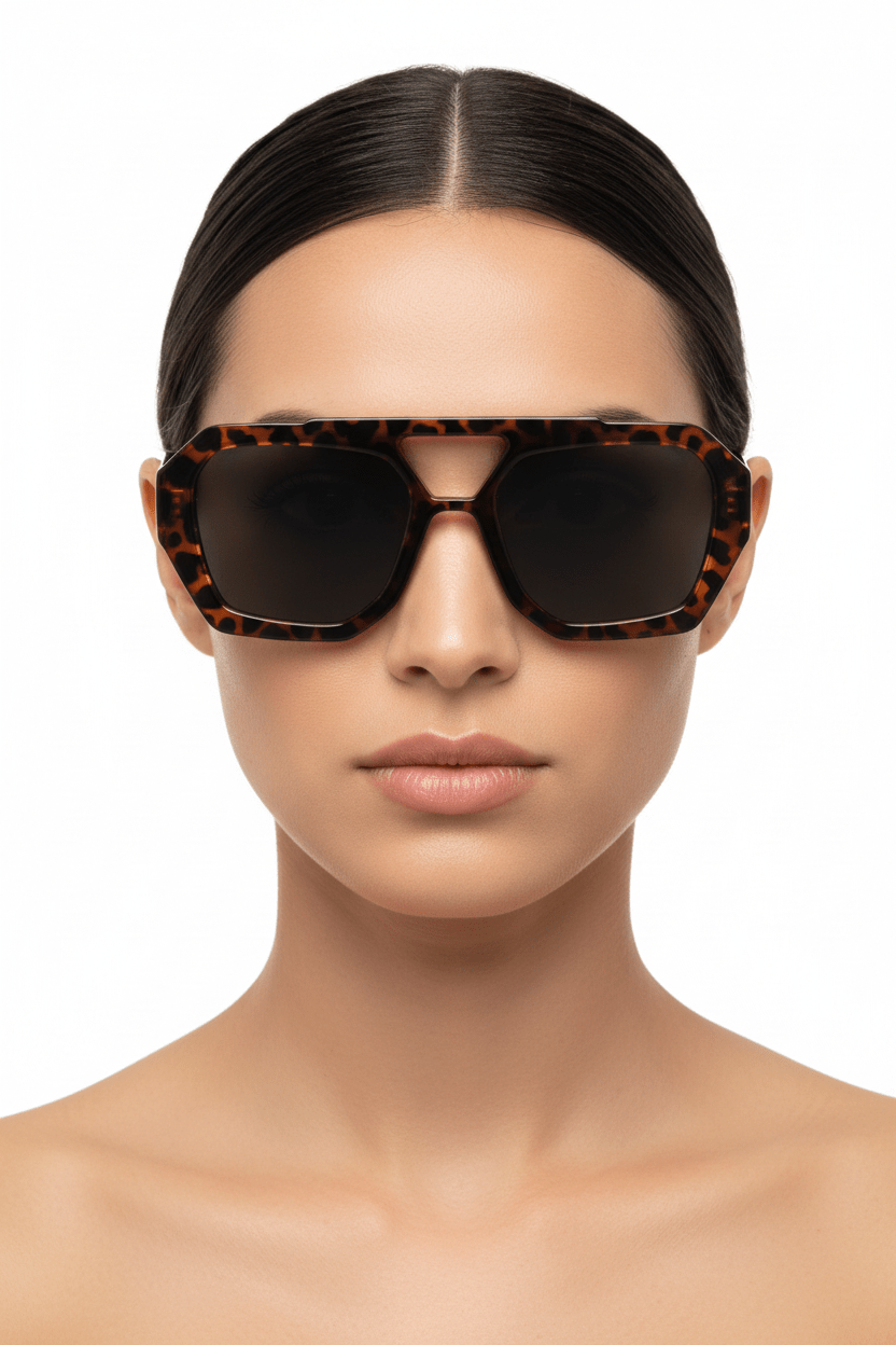 Modebrille Pilot Rotbraun – LiBEAU Damen trägt rotbraune Leoprint-Pilotenbrille mit Doppelsteg, avantgardistischer 70s Editorial Look | LiBEAU
